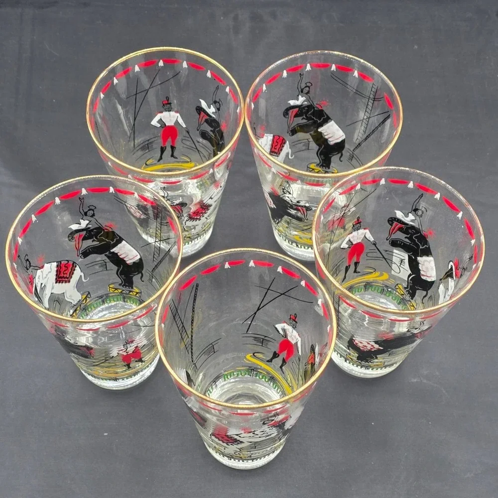 Vintage Set (5) Libbey Day at the Circus Highball Glass 12oz 1950s MCM Elephant
